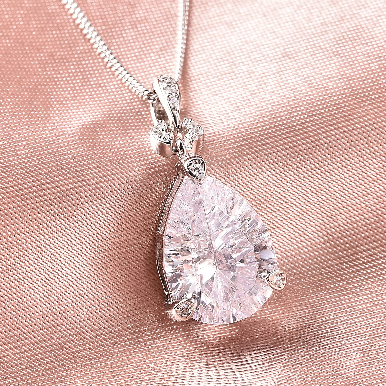 Lustro Stella Finest CZ Drop Pendant Necklace 18 Inches in Rhodium Over Sterling Silver 4.60 ctw