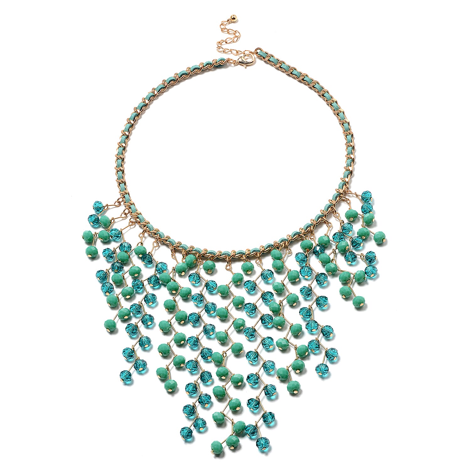 Green Glass Beaded and Faux Leather Waterfall Necklace 19 Inches in Goldtone