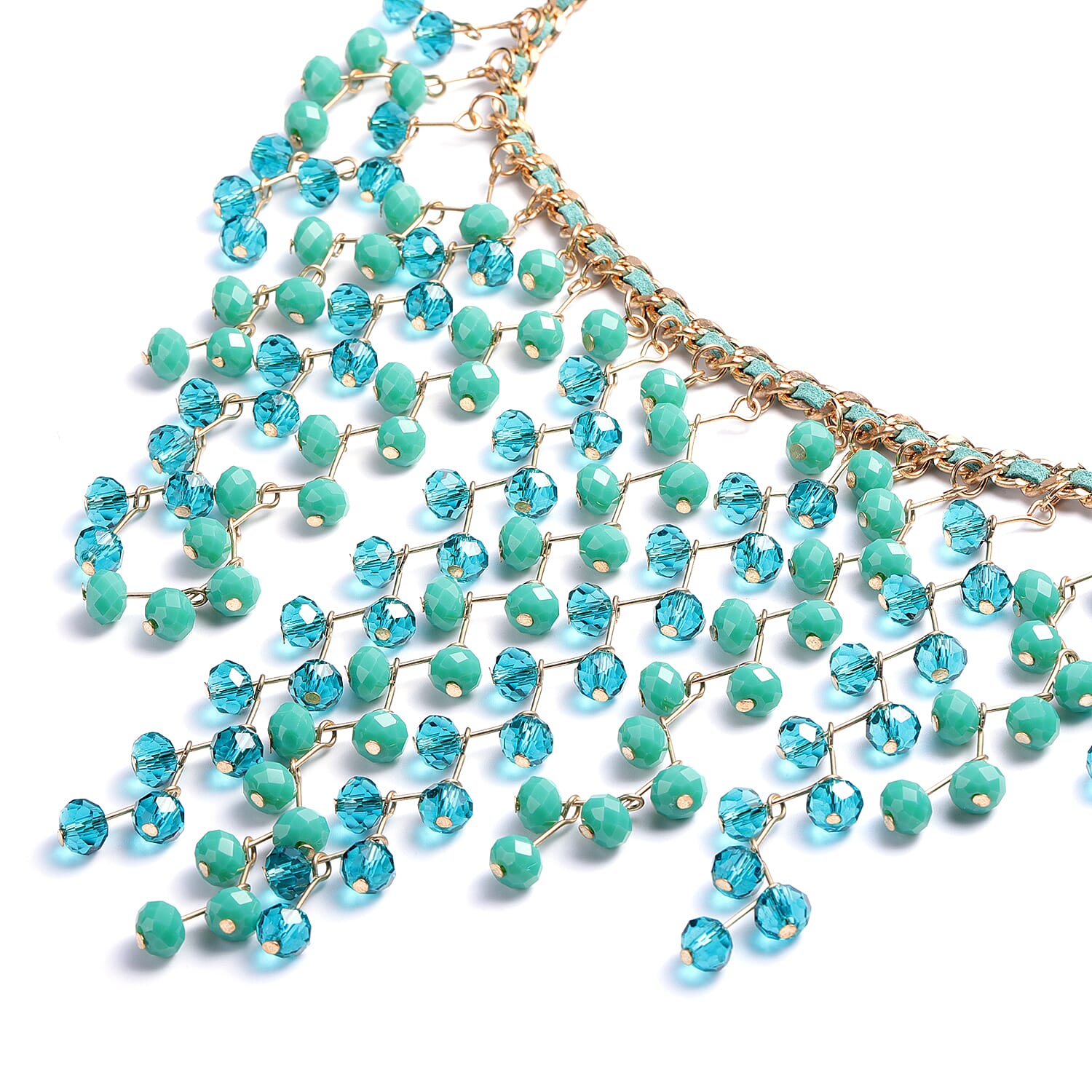 Green Glass Beaded and Faux Leather Waterfall Necklace 19 Inches in Goldtone