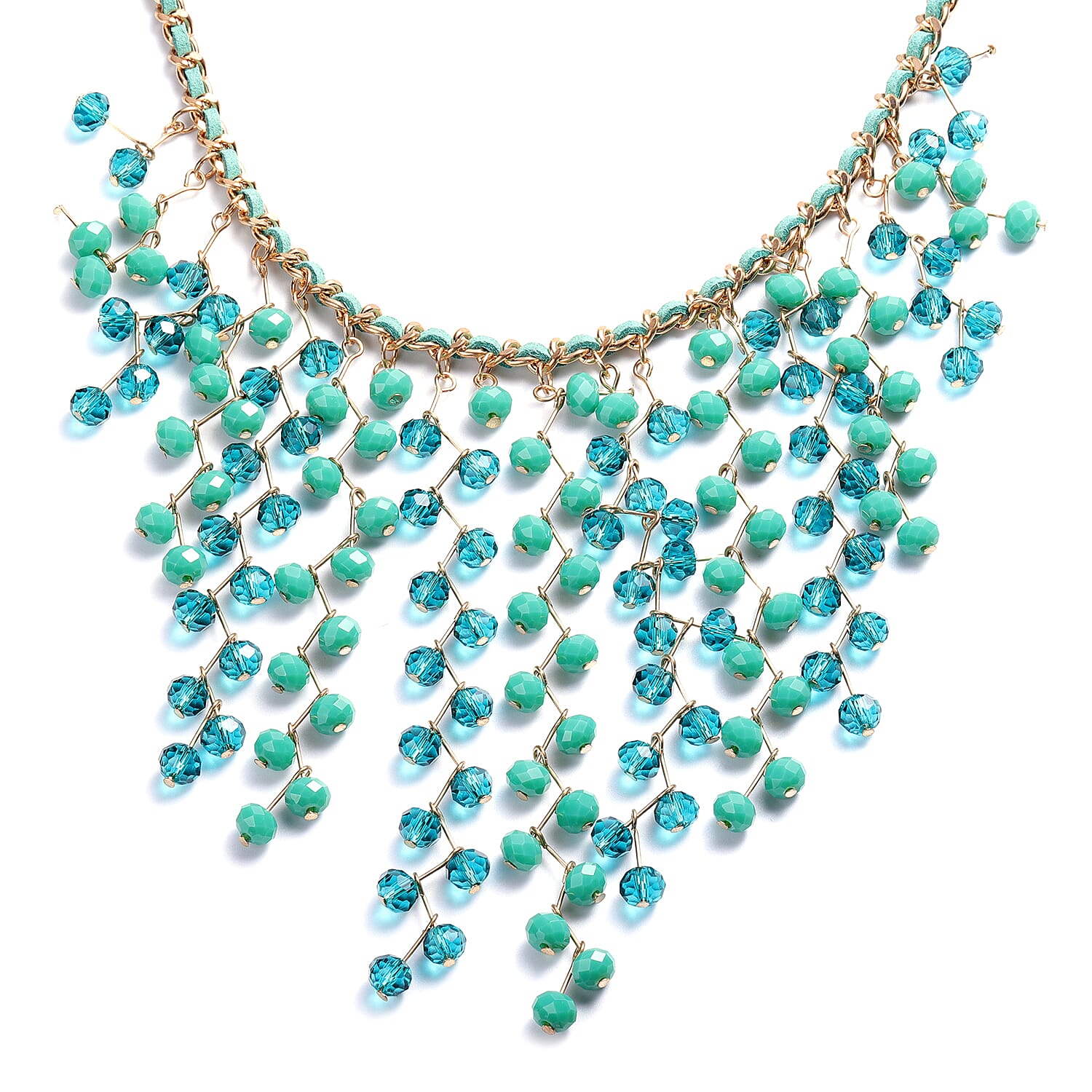 Green Glass Beaded and Faux Leather Waterfall Necklace 19 Inches in Goldtone