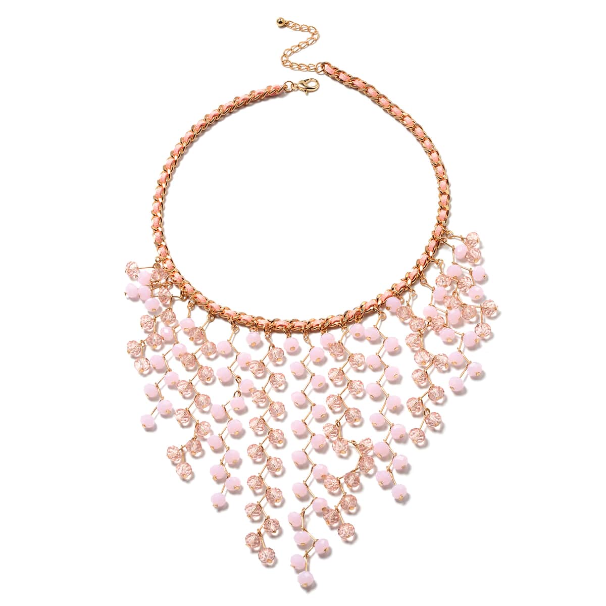 Pink Glass Beads, Faux Leather Waterfall Necklace 19 Inches in Goldtone image number 0