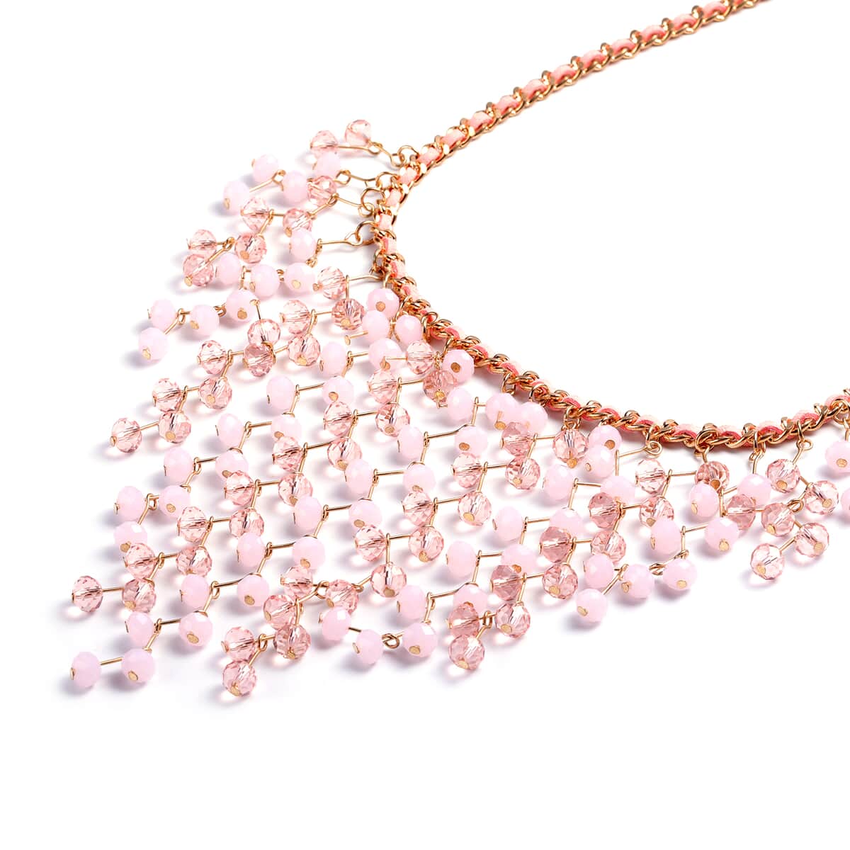 Pink Glass Beads, Faux Leather Waterfall Necklace 19 Inches in Goldtone image number 1