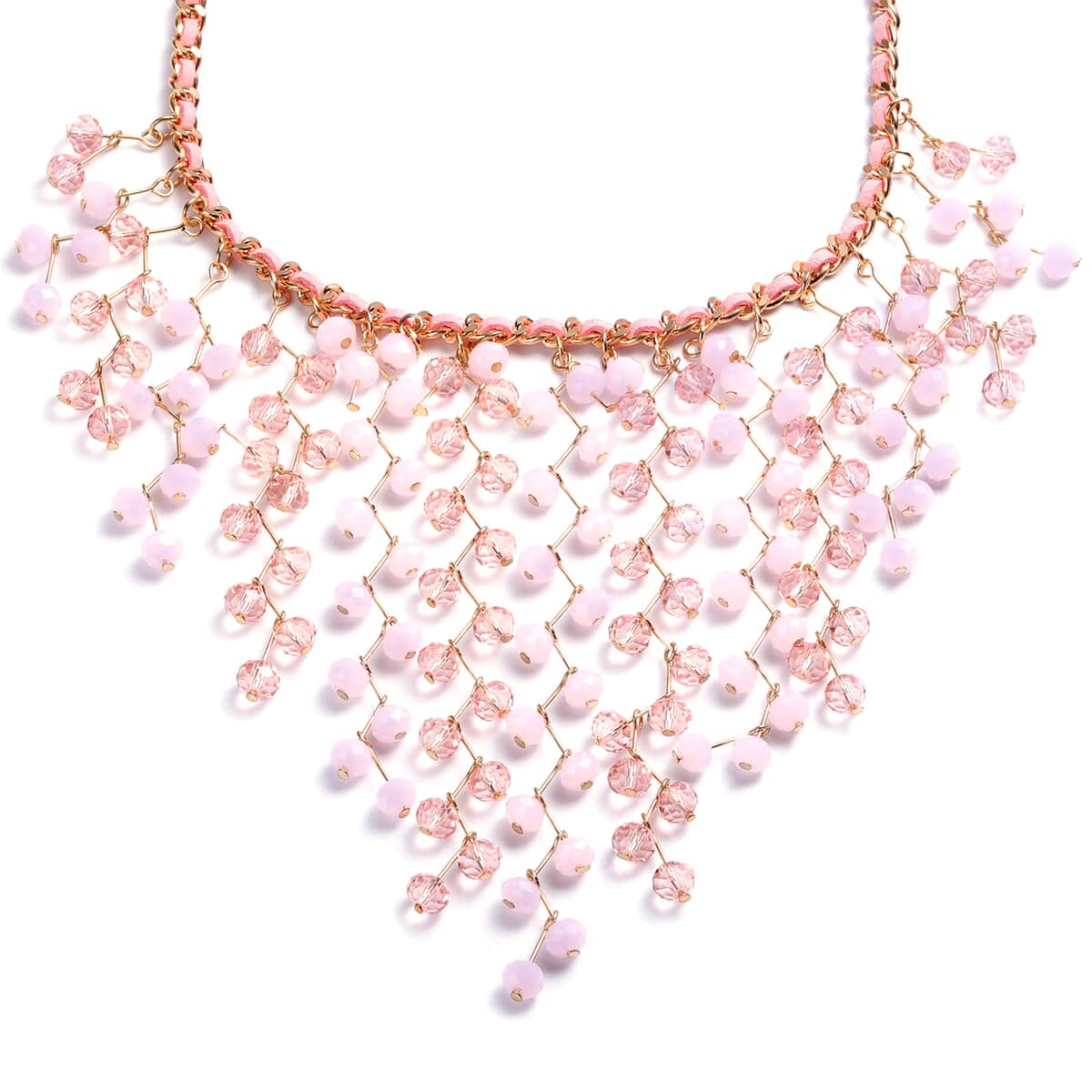Pink Glass Beads, Faux Leather Waterfall Necklace 19 Inches in Goldtone image number 2