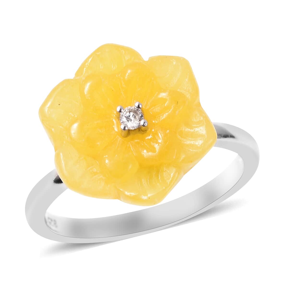 Jardin Collection Honey Jade Carved Flower and Natural White Zircon Ring in Sterling Silver (Size 10.0) 9.50 ctw image number 0