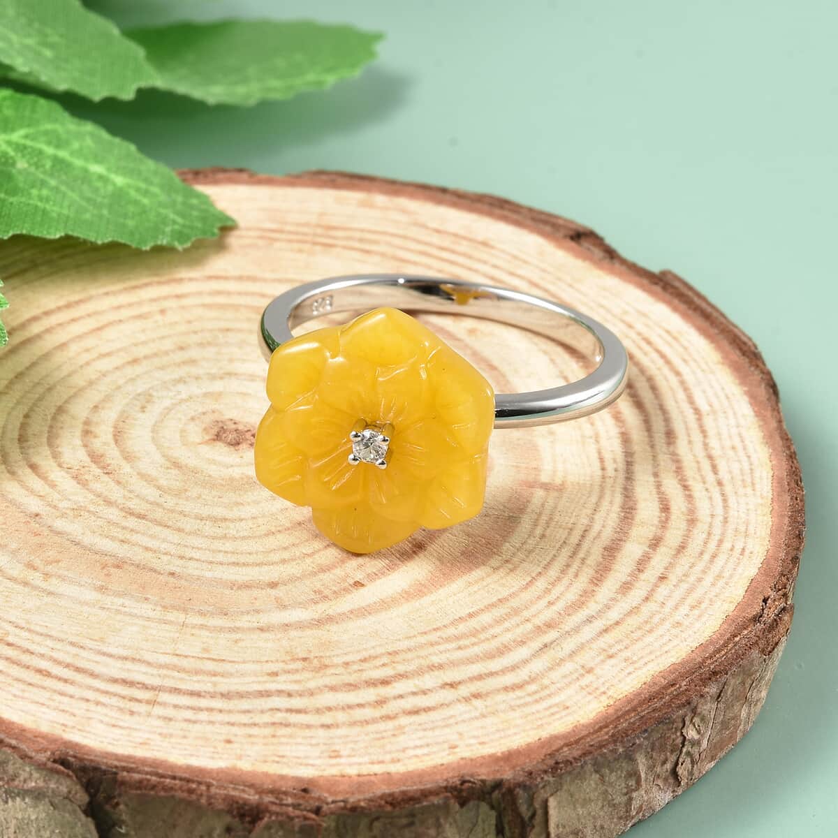 Jardin Collection Honey Jade Carved Flower and Natural White Zircon Ring in Sterling Silver (Size 10.0) 9.50 ctw image number 1