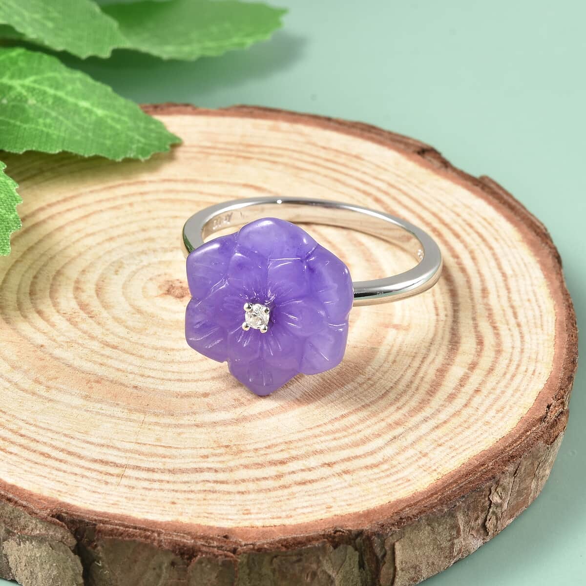 Jardin Collection Purple Jade Carved Flower and Natural White Zircon Ring in Sterling Silver (Size 10.0) 9.65 ctw image number 1