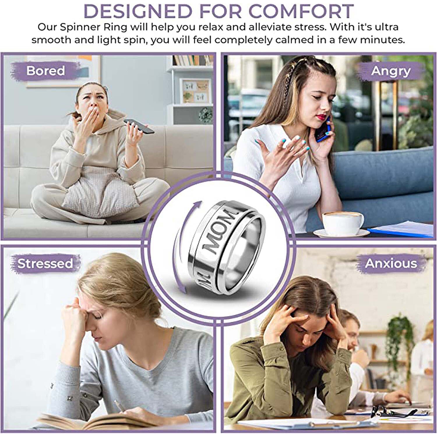Mom Spinner Ring in Sterling Silver, Anxiety Ring for Women, Fidget Rings for Anxiety for Women, Promise Rings 6.50 Grams (Size 6.0)