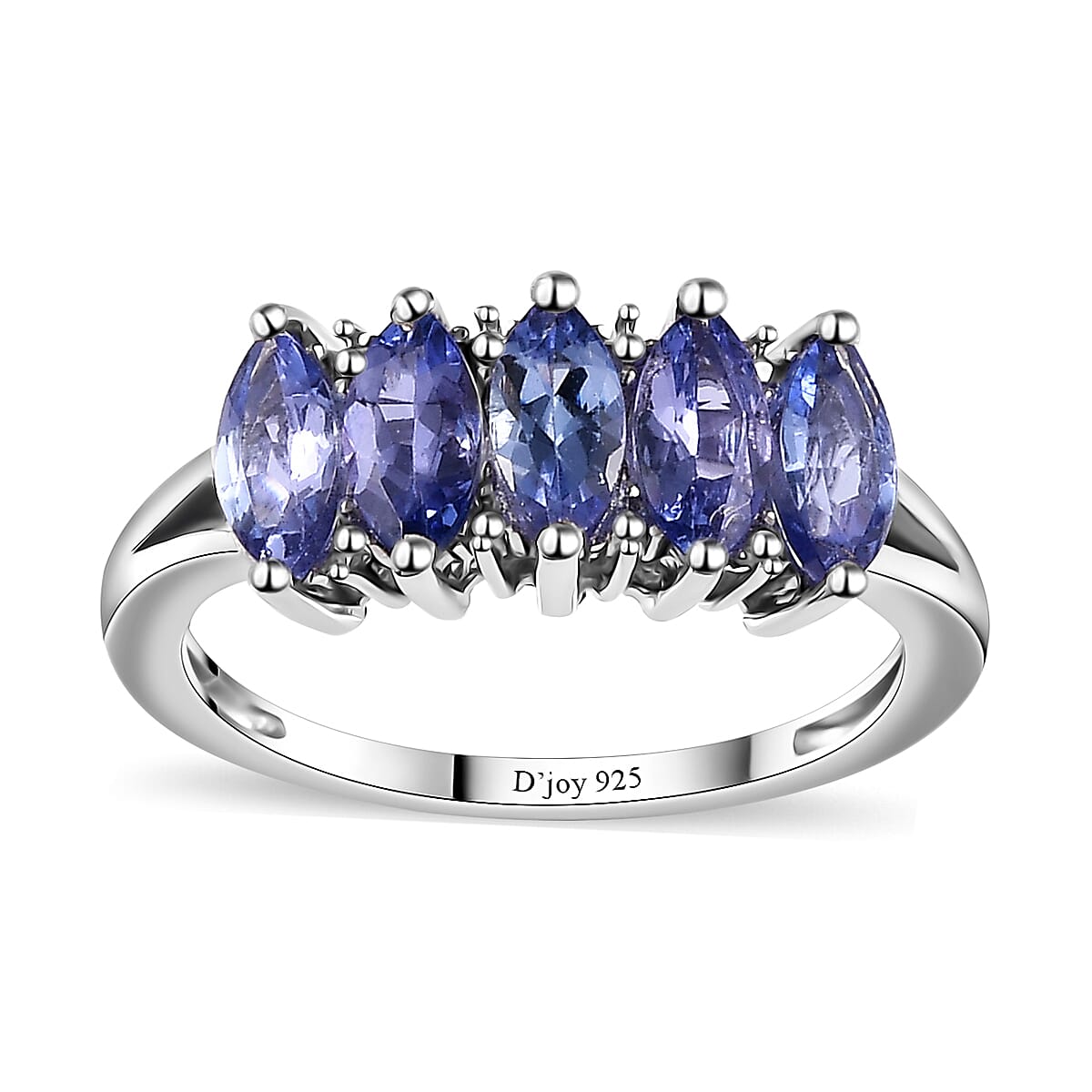 D'Joy Tanzanite 5 Stone Ring in Platinum Over Sterling Silver (Size 10.0) 1.35 ctw