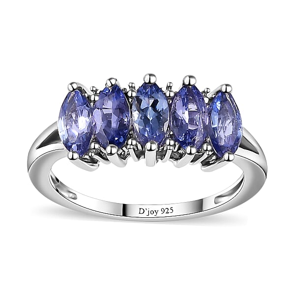 D'Joy Tanzanite 5 Stone Ring in Platinum Over Sterling Silver (Size 10.0) 1.35 ctw