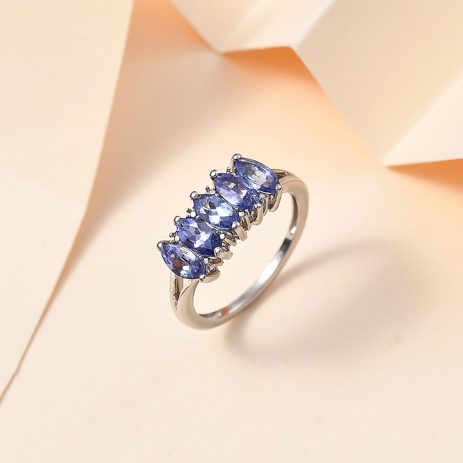 D'Joy Tanzanite 5 Stone Ring in Platinum Over Sterling Silver (Size 10.0) 1.35 ctw