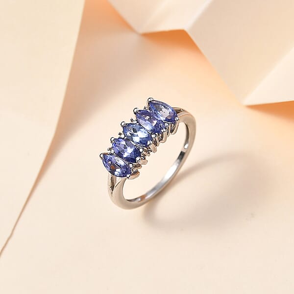 D'Joy Tanzanite 5 Stone Ring in Platinum Over Sterling Silver (Size 10.0) 1.35 ctw