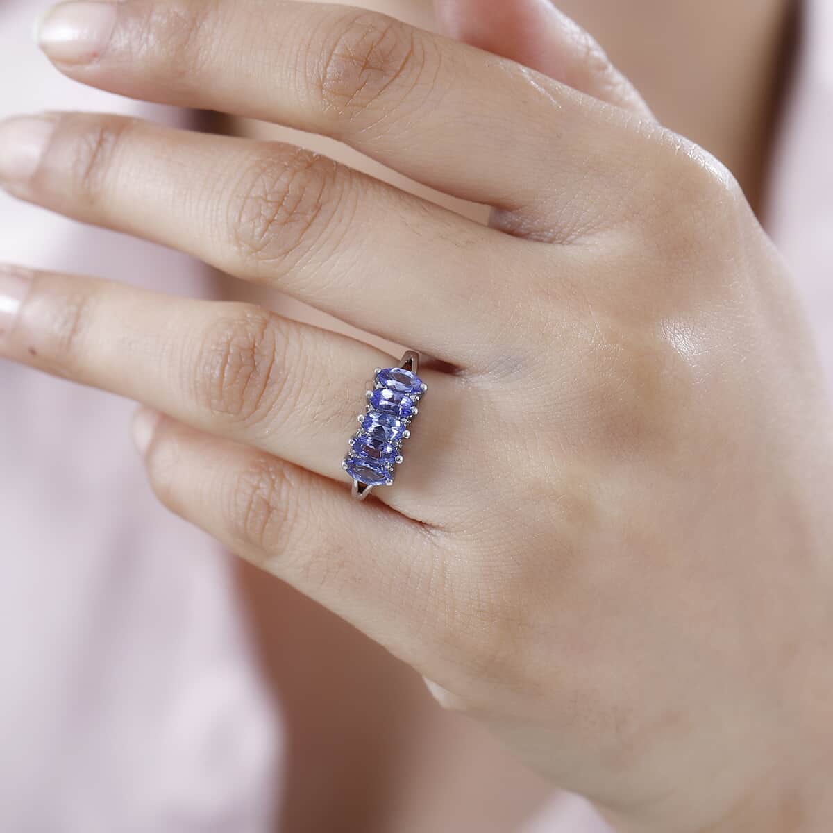 Tanzanite 5 Stone Ring in Platinum Over Sterling Silver (Size 10.0) 1.35 ctw image number 2