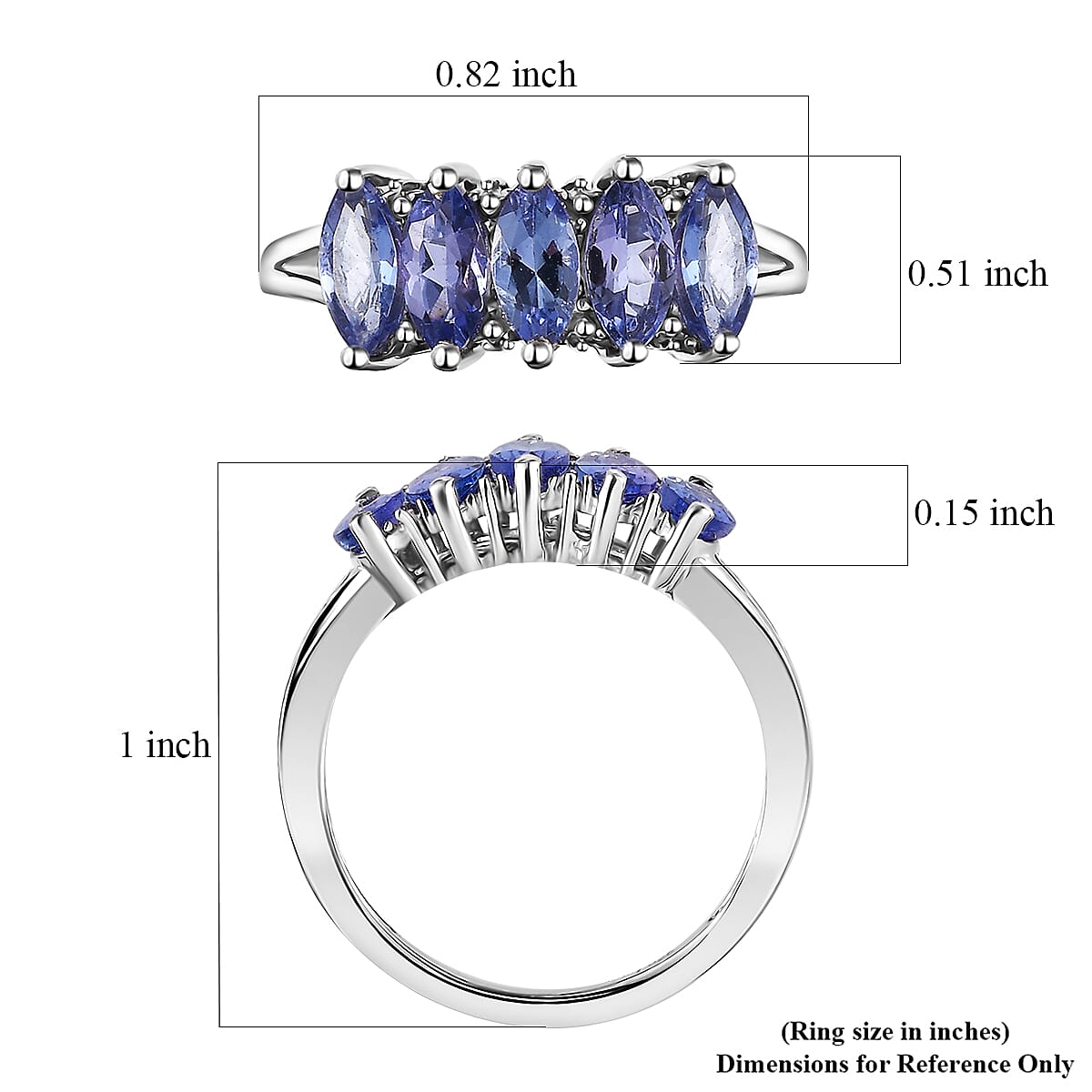 D'Joy Tanzanite 5 Stone Ring in Platinum Over Sterling Silver (Size 10.0) 1.35 ctw