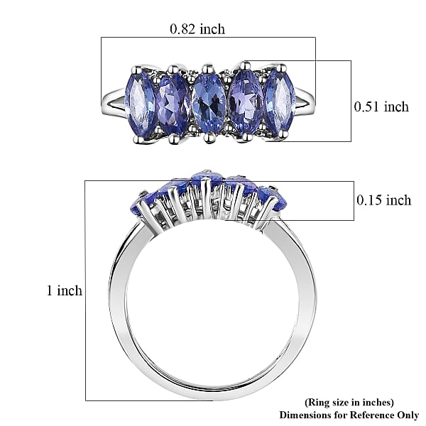 D'Joy Tanzanite 5 Stone Ring in Platinum Over Sterling Silver (Size 10.0) 1.35 ctw
