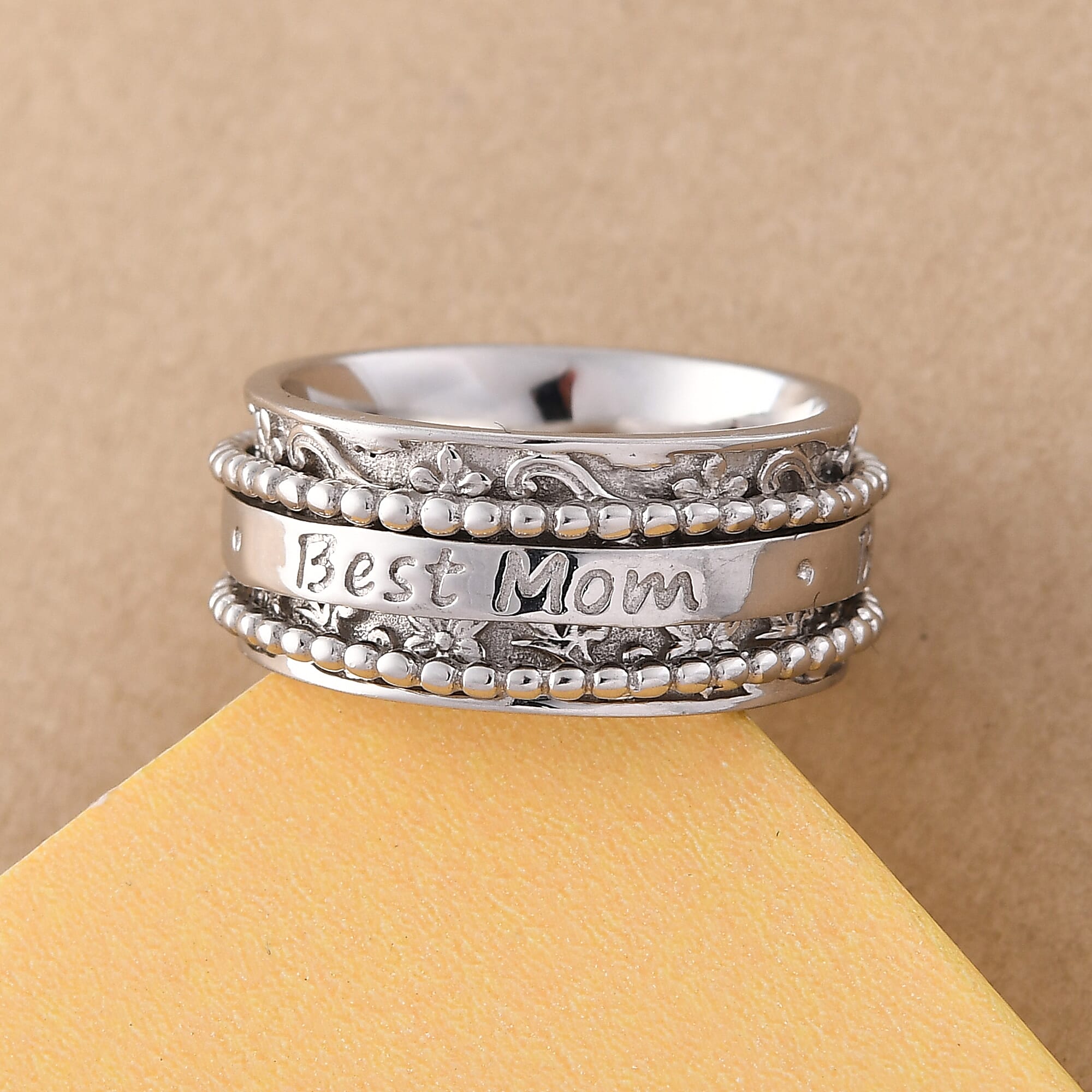 Sterling Silver Best Mom Spinner Ring, Anxiety Ring for Women, Fidget Rings for Anxiety for Women, Stress Relieving Anxiety Ring, Promise Rings (Size 5.0) (7.75 g)