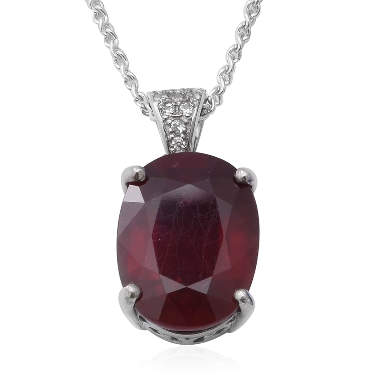 Niassa Ruby (FF) and White Zircon Pendant Necklace 18 Inch in Platinum Over Sterling Silver 12.49 ctw image number 0