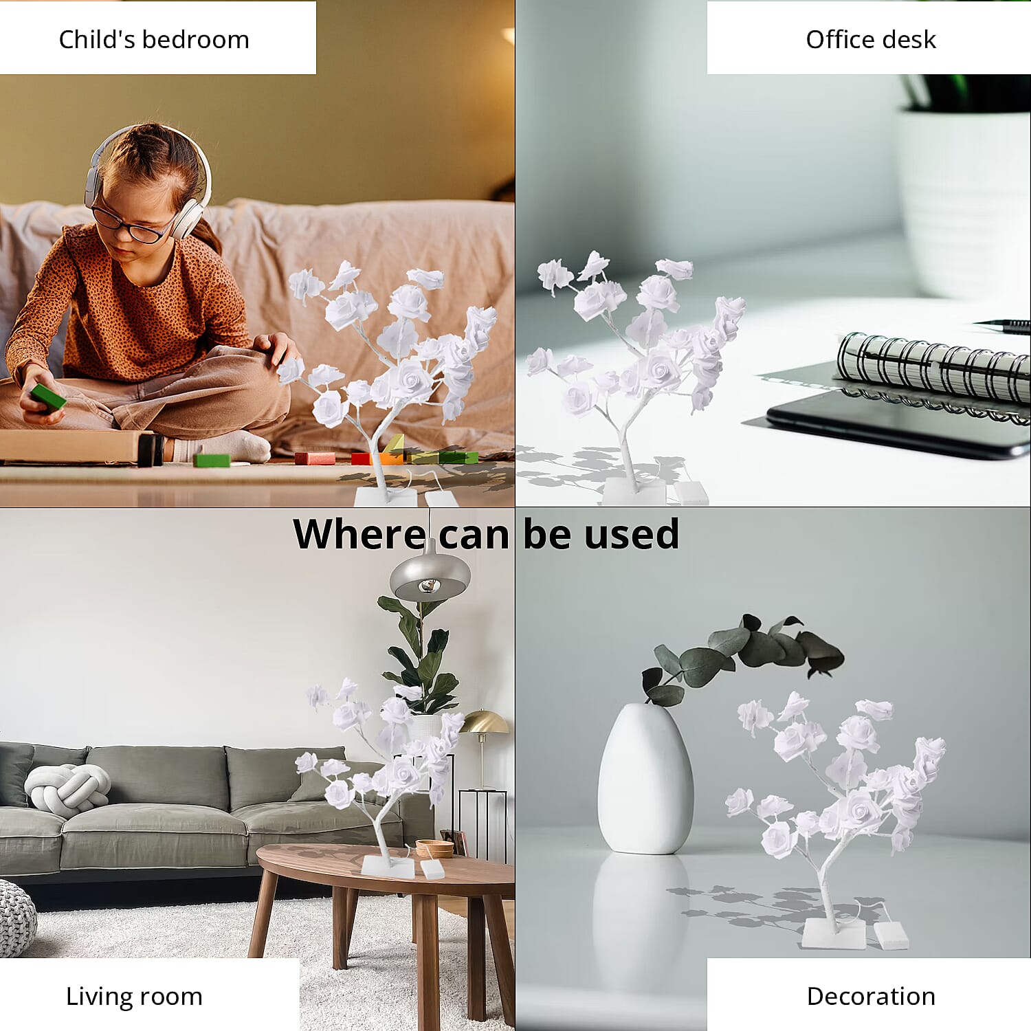 White Multi Headed Rose Tree LED Light (19.68") (3xAA Battery Not Included)