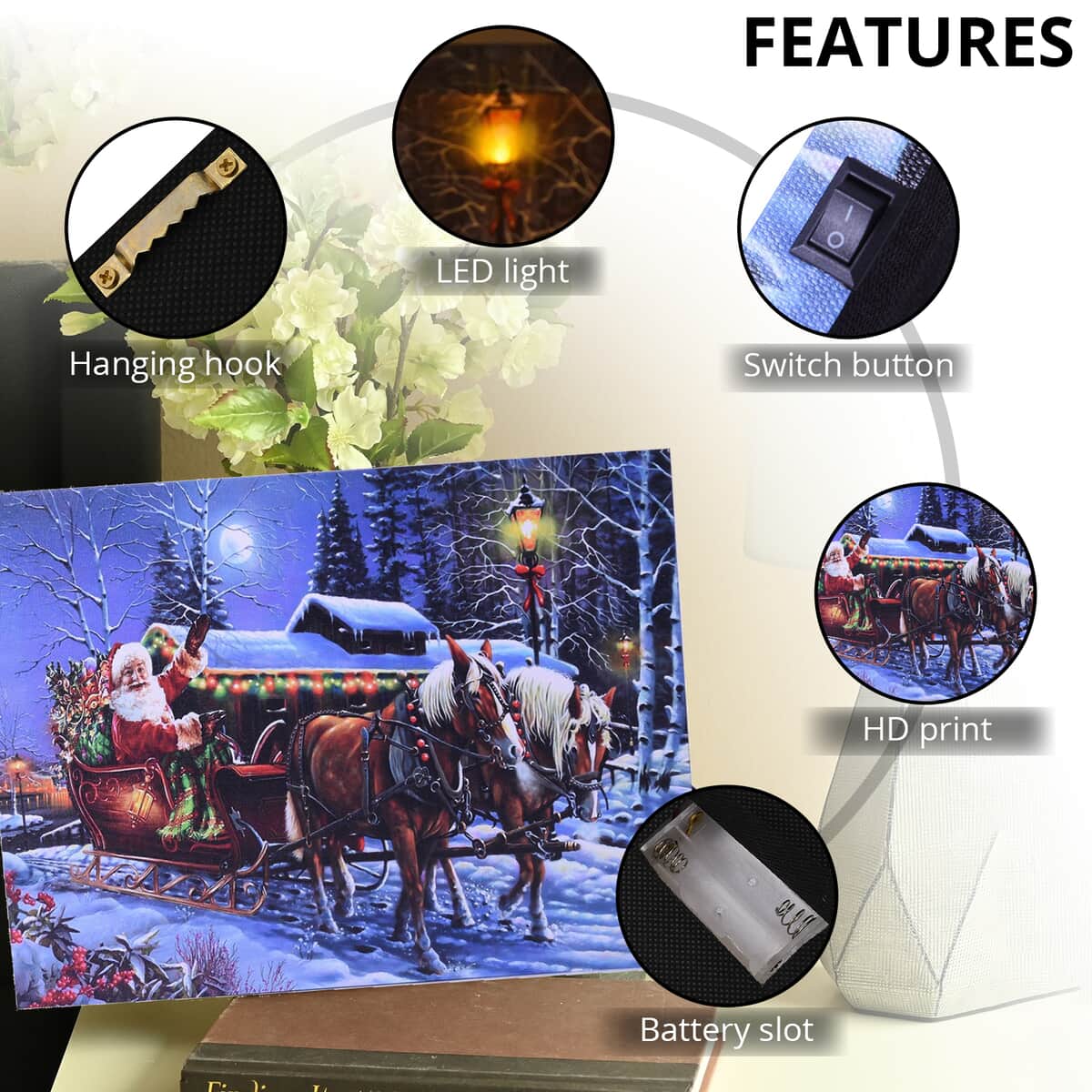 Homesmart Multi Color Canvas 3-LED Santa and Sleigh Christmas Painting (2xAA Battery Not Included) image number 2