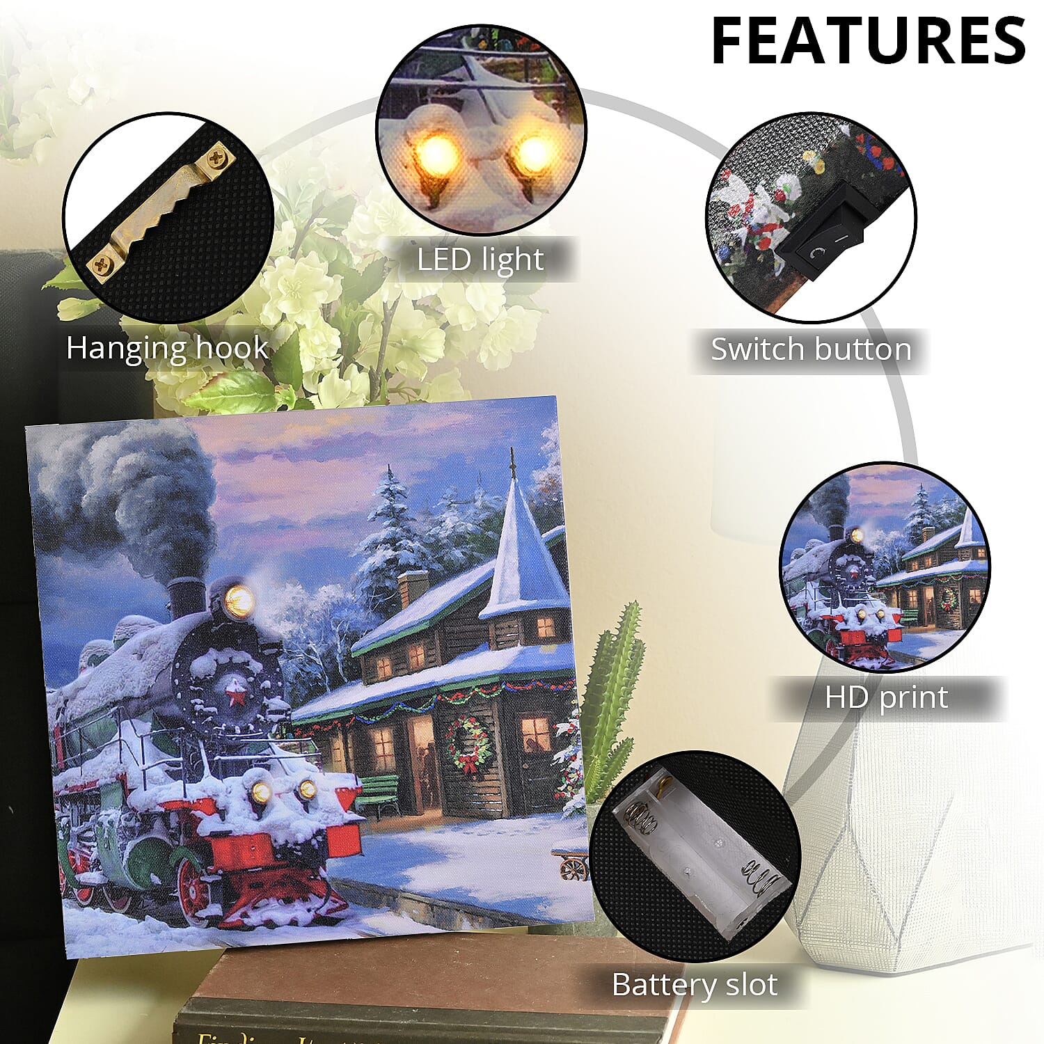 Homesmart Multi Color Canvas 4-LED Train Christmas Painting (2xAA Battery Not Included)