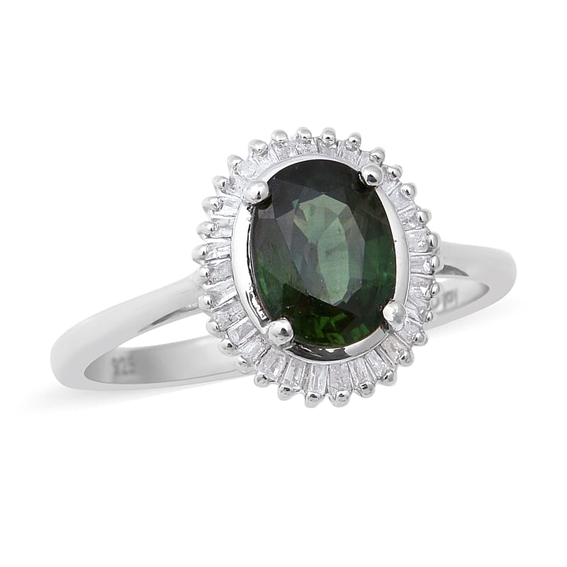 Green Sapphire and Diamond Ring in Platinum Over Sterling Silver (Size 6.0) 1.90 ctw