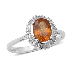 D'Joy Orange Sapphire and Diamond Halo Ring in Platinum Over Sterling Silver (Size 9.0) 1.90 ctw