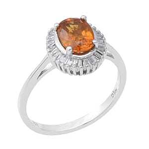 D'Joy Orange Sapphire and Diamond Halo Ring in Platinum Over Sterling Silver (Size 9.0) 1.90 ctw