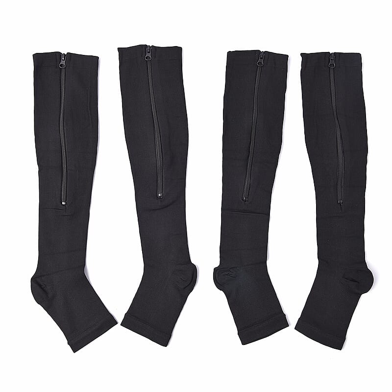 Set of 2 Pairs Black Zipper Compression Socks with Open Toe (S/M)-15-20mmHg