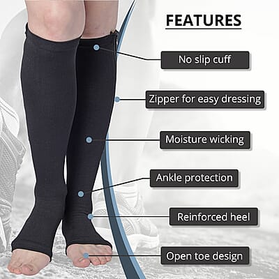 Set of 2 Pairs Black Zipper Compression Socks with Open Toe (S/M)-15-20mmHg