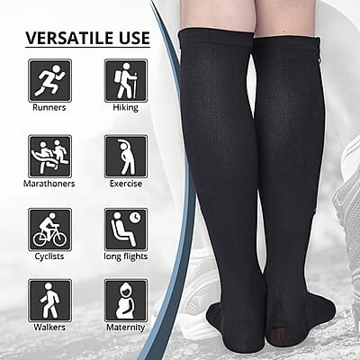 Set of 2 Pairs Black Zipper Compression Socks with Open Toe (S/M)-15-20mmHg