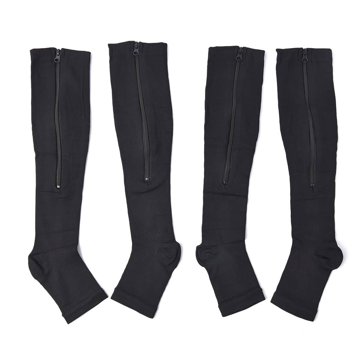 Set of 2 Pairs Black Zipper Compression Socks with Open Toe (L/XL)-15-20mmHg image number 0