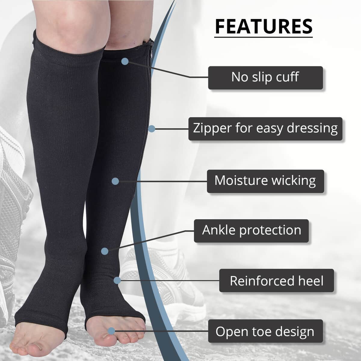 Set of 2 Pairs Black Zipper Compression Socks with Open Toe (L/XL)-15-20mmHg image number 1