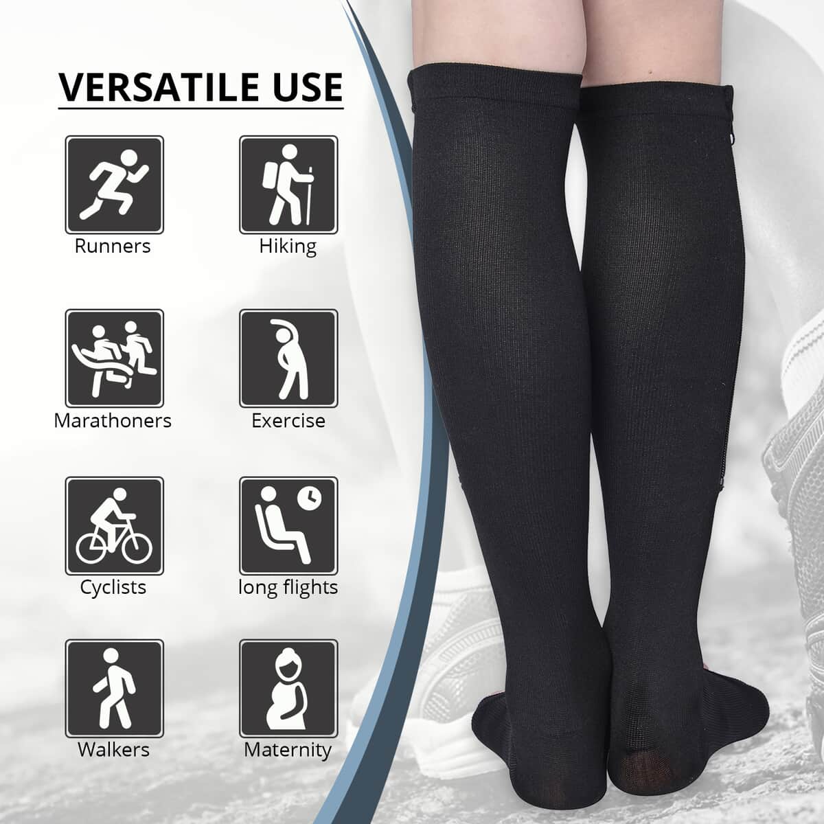 Set of 2 Pairs Black Zipper Compression Socks with Open Toe (L/XL)-15-20mmHg image number 2