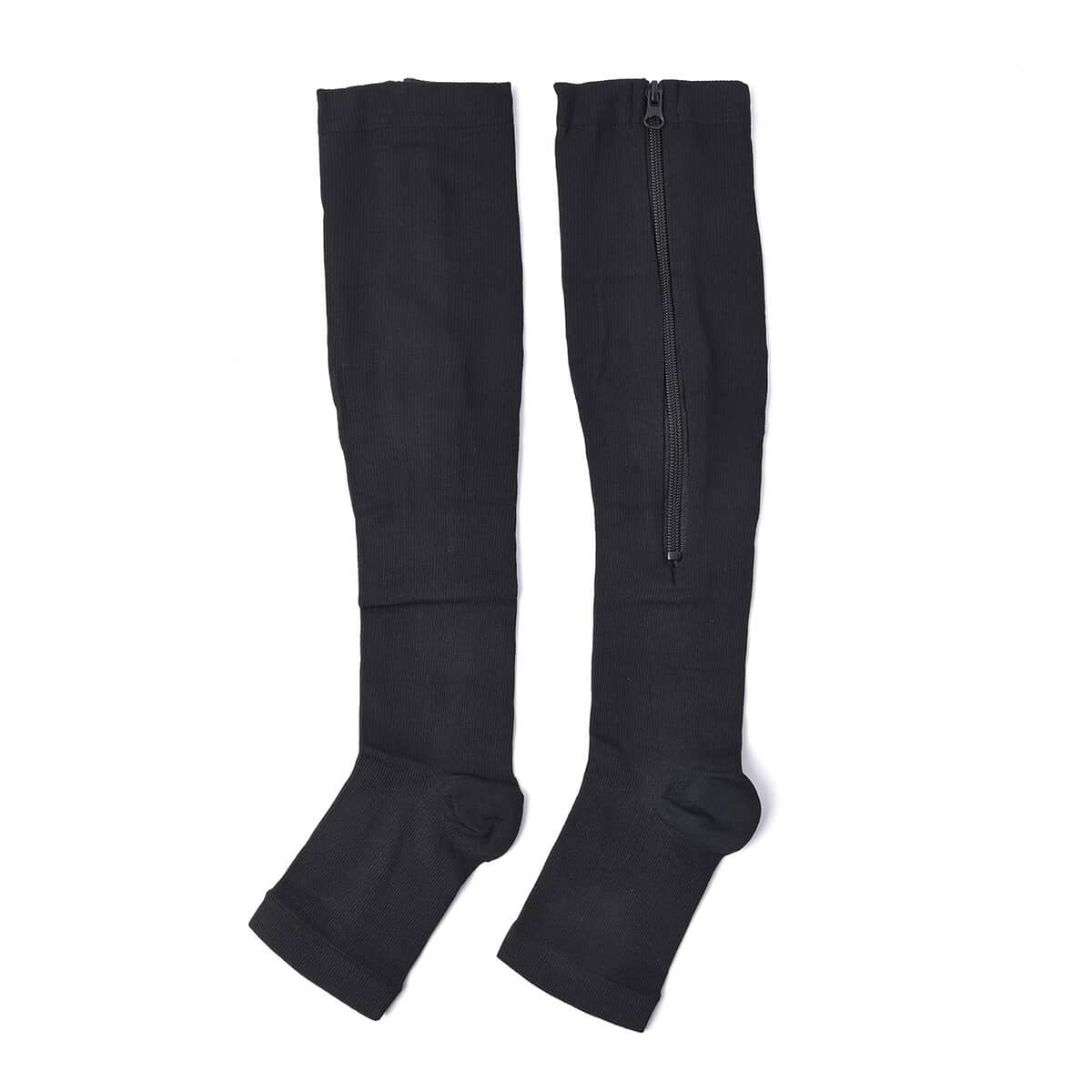 Set of 2 Pairs Black Zipper Compression Socks with Open Toe (L/XL)-15-20mmHg image number 4