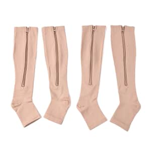 Set of 2 Pairs Brown Zipper Compression Socks with Open Toe (S/M)-15-20mmHg