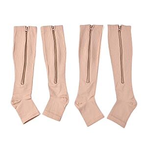 Set of 2 Pairs Brown Zipper Compression Socks with Open Toe (L/XL)-15-20mmHg