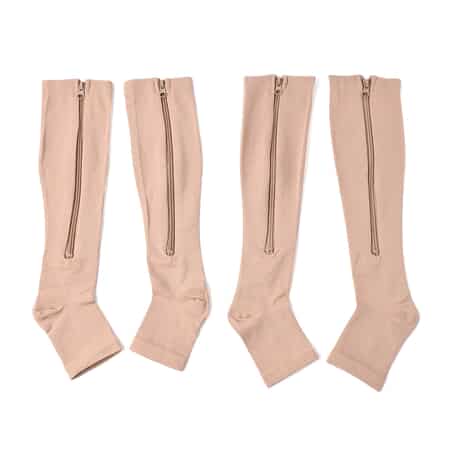 Set of 2 Pairs Brown Zipper Compression Socks with Open Toe (L/XL)-15-20mmHg image number 0