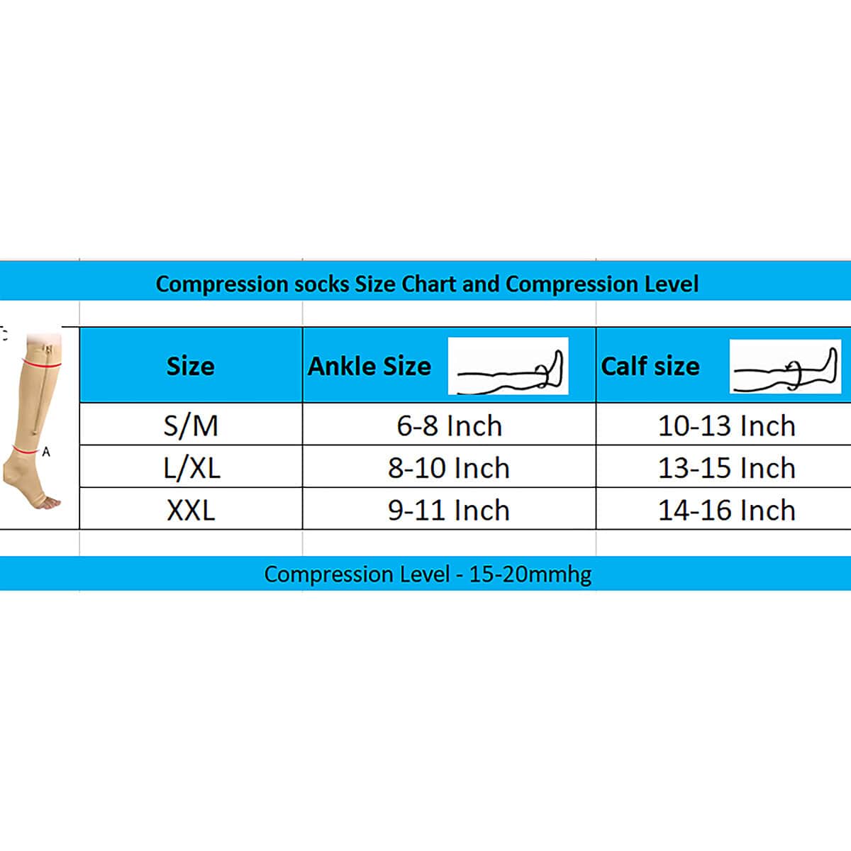 Set of 2 Pairs Brown Zipper Compression Socks with Open Toe (L/XL)-15-20mmHg image number 6