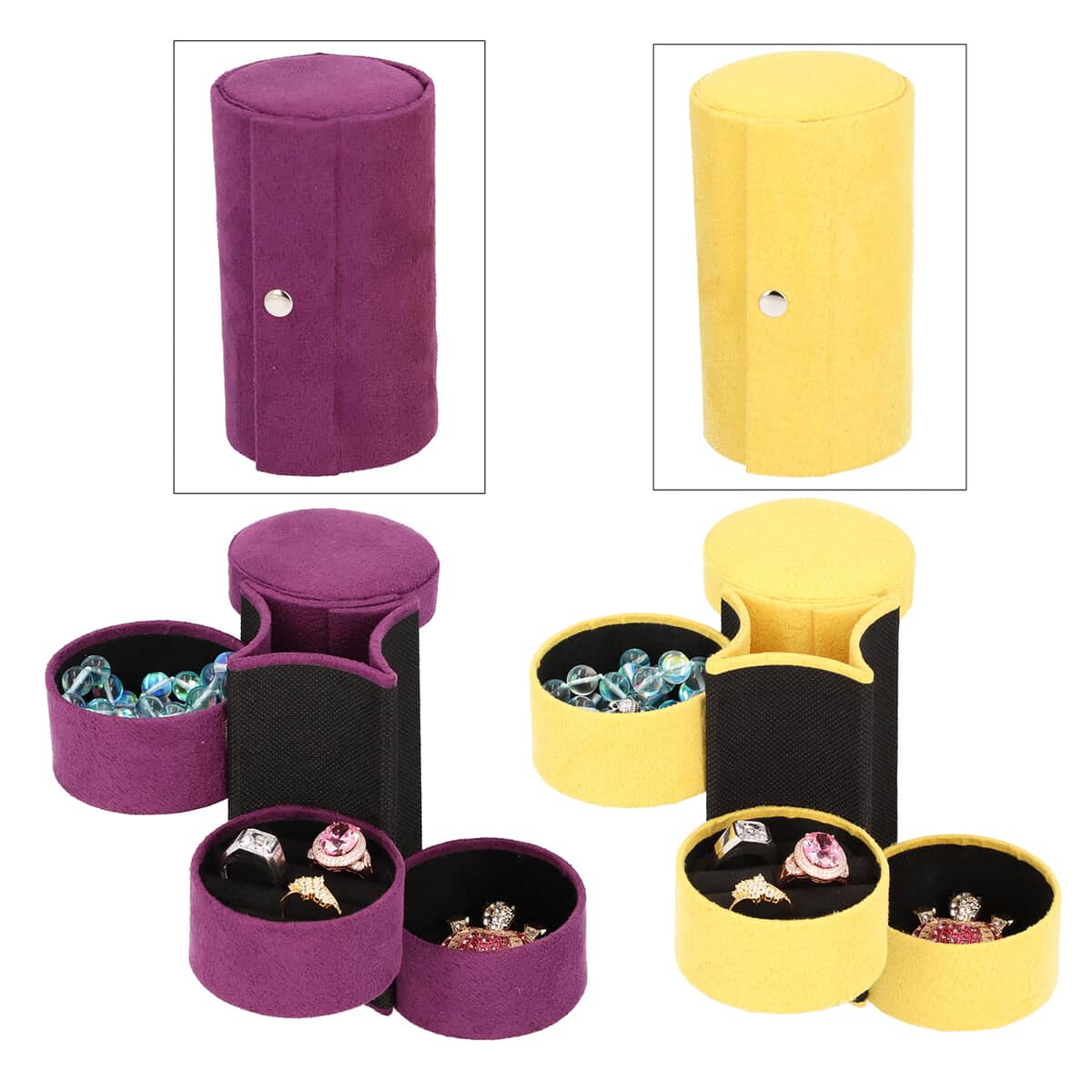 Set of 2 Purple and Golden Velvet Cylinder Shape 3 Layer Jewelry Organizer with Top Cap and Snap Button image number 0