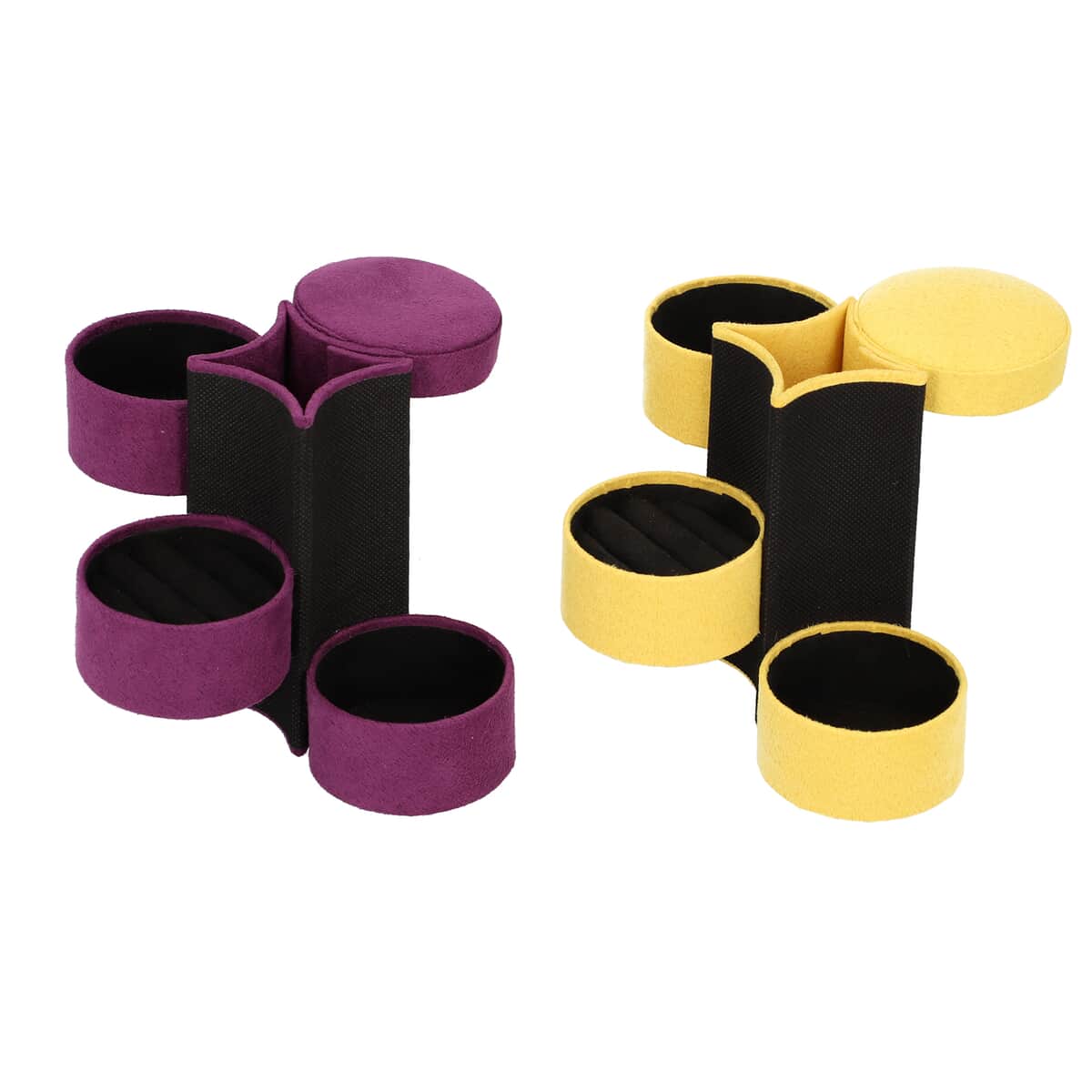 Set of 2 Purple and Golden Velvet Cylinder Shape 3 Layer Jewelry Organizer with Top Cap and Snap Button image number 2