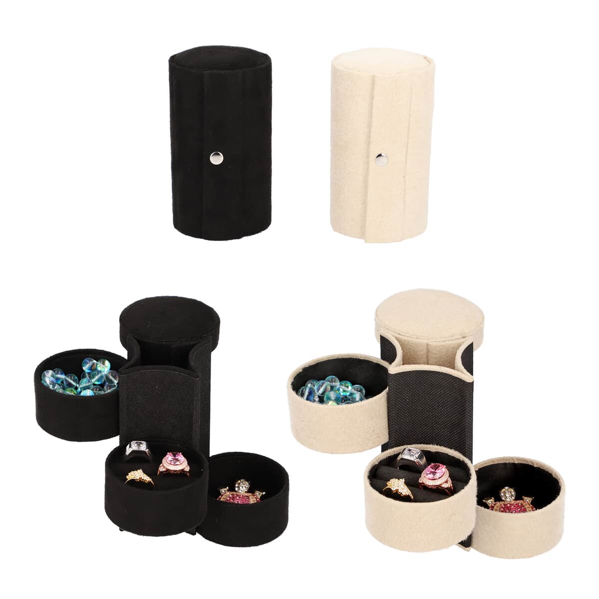 Set of 2 Black and Cream Velvet Cylinder Shape 3 Layer Jewelry Organizer with Top Cap and Snap Button image number 0