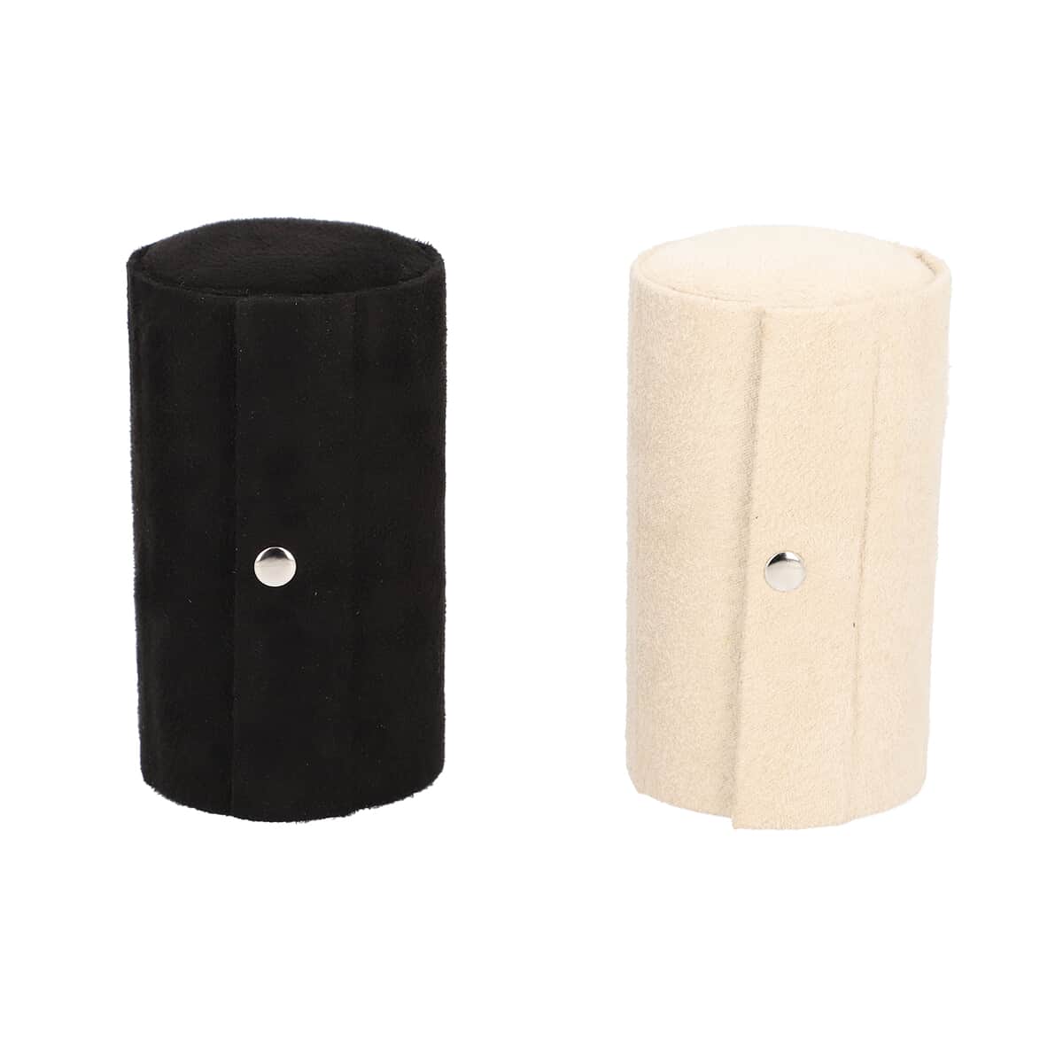 Set of 2 Black and Cream Velvet Cylinder Shape 3 Layer Jewelry Organizer with Top Cap and Snap Button image number 1