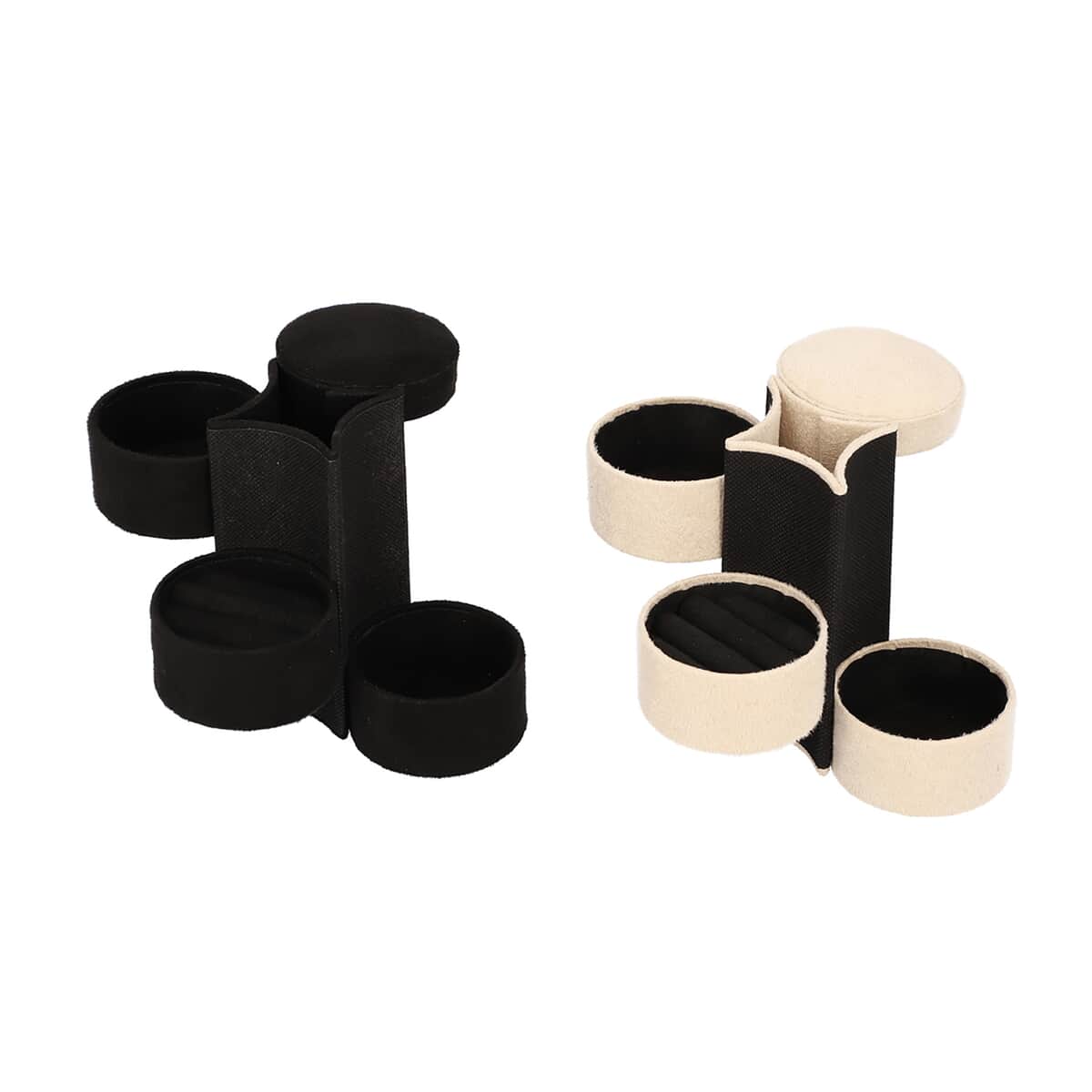 Set of 2 Black and Cream Velvet Cylinder Shape 3 Layer Jewelry Organizer with Top Cap and Snap Button image number 2