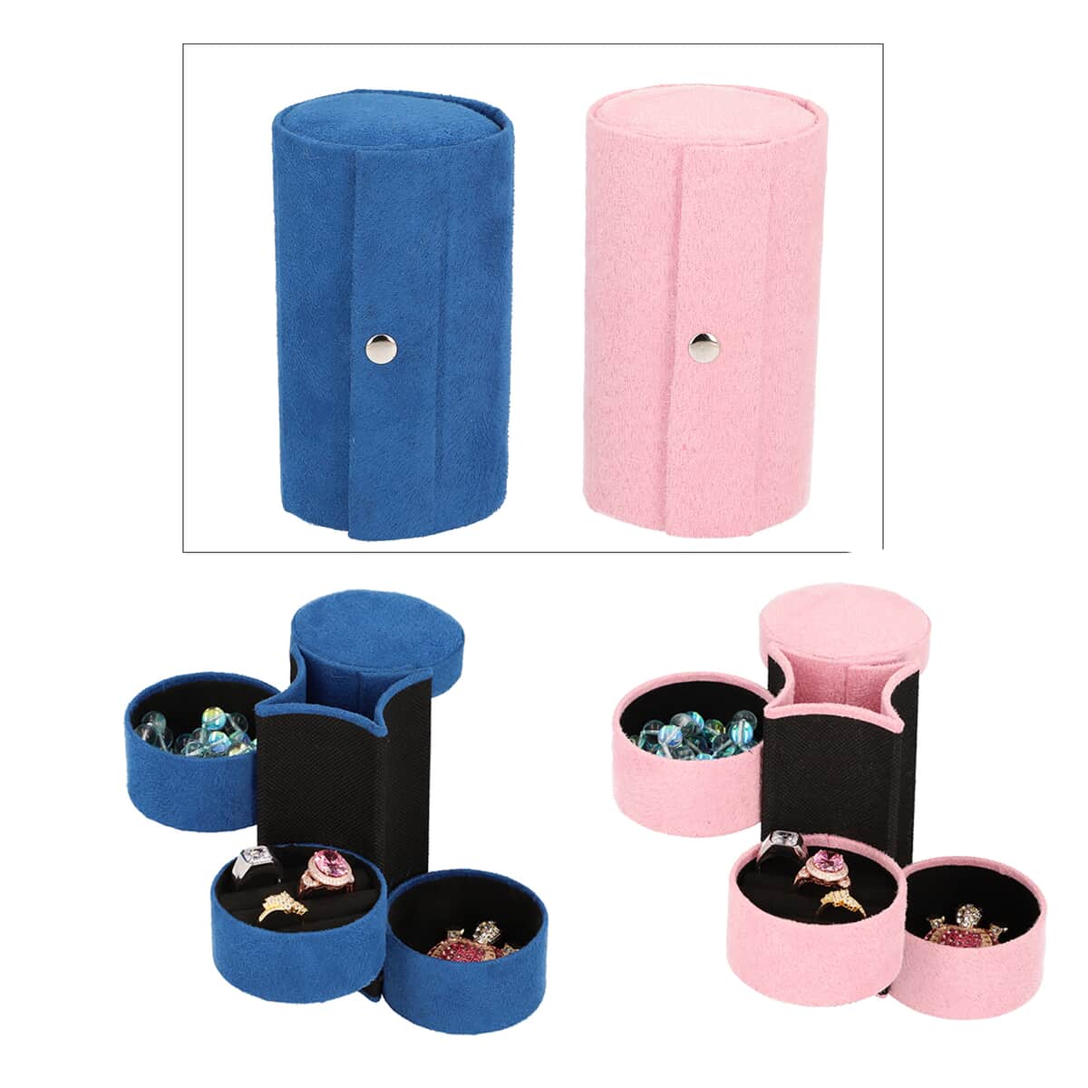 Set of 2 Pink and Blue Velvet Cylinder Shape 3 Layer Jewelry Organizer with Top Cap and Snap Button image number 0