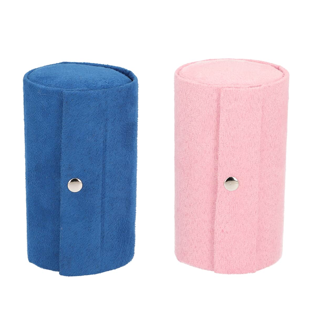 Set of 2 Pink and Blue Velvet Cylinder Shape 3 Layer Jewelry Organizer with Top Cap and Snap Button image number 1