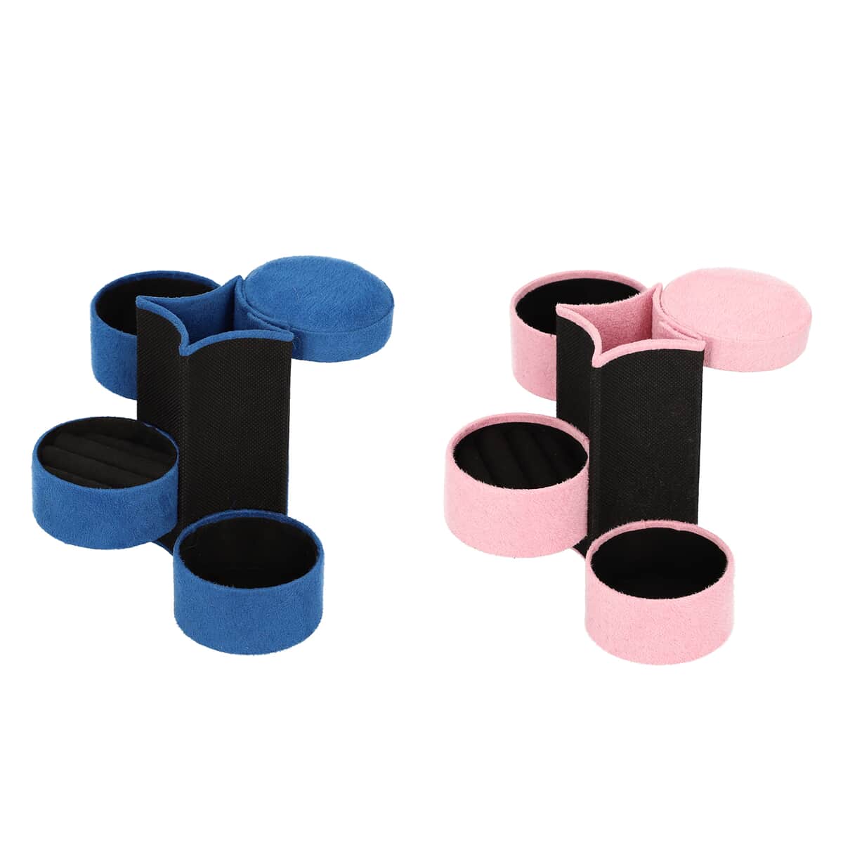 Set of 2 Pink and Blue Velvet Cylinder Shape 3 Layer Jewelry Organizer with Top Cap and Snap Button image number 3