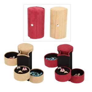 Set of 2 Beige and Burgundy Velvet Cylinder Shape 3 Layer Jewelry Organizer with Top Cap and Snap Button