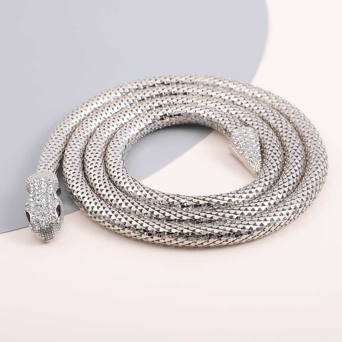 Resin and White Austrian Crystal Snake Necklace 51 Inches in Silvertone image number 1