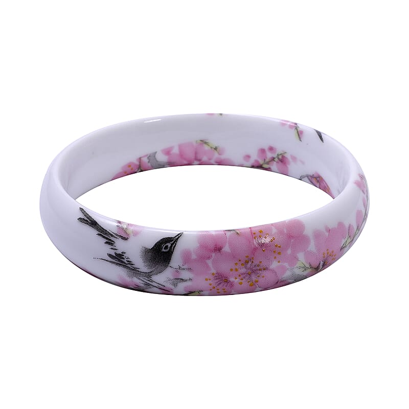 Ceramic Bangle Bracelet, Flower Bangles, Bird Pattern Bracelet, Floral Jewelry For Women (8.25 In)