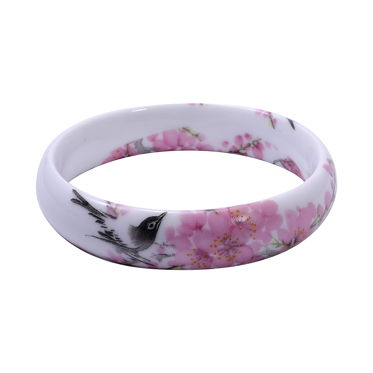 Ceramic Bird and Flower Pattern Bangle Bracelet (8.25 In) image number 0