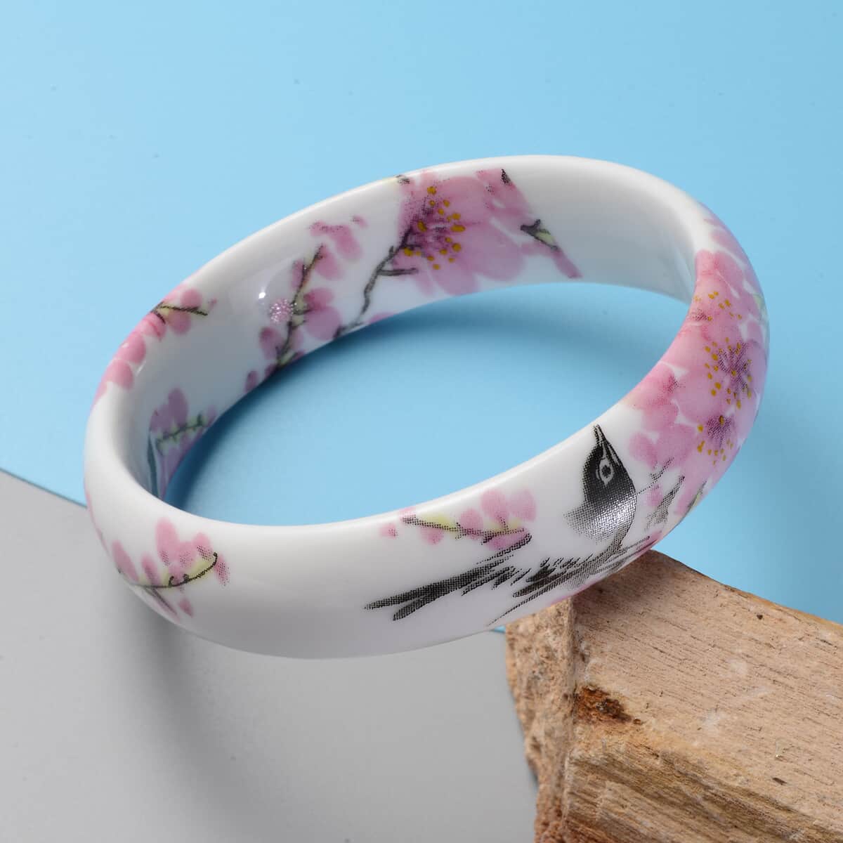 Ceramic Bird and Flower Pattern Bangle Bracelet (8.25 In) image number 1